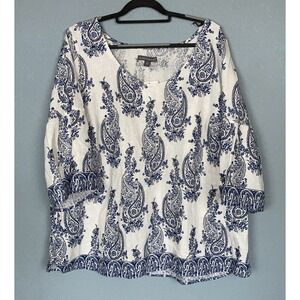 NWT Jessica London Top Womens 26W‎ Blue White Paisley Bell Sleeves Linen Blend